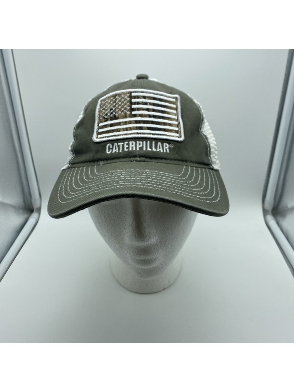 Caterpillar CAT Trucker Hat Green Mesh Back USA Flag Hook & Loop Adjustable Cap